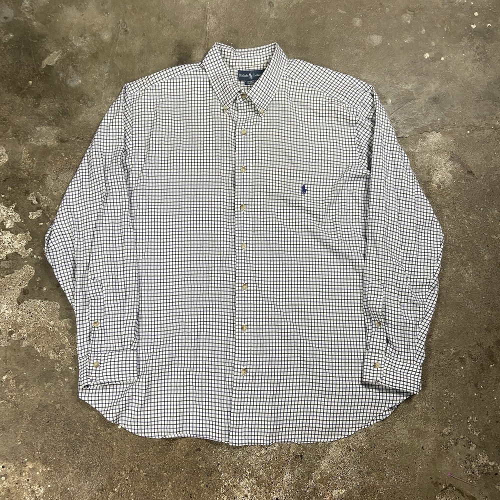 Vintage Polo Ralph Lauren Button Down Shirt Size 2XB Grid-Check Blue Pony Logo